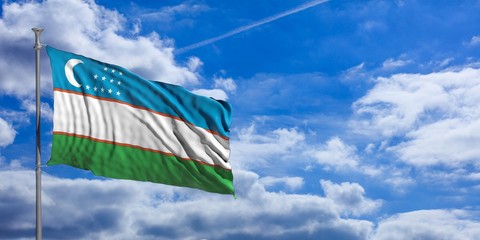 Uzbekistan waving flag on blue sky. 3d illustration