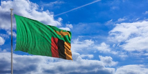Zambia waving flag on blue sky. 3d illustration