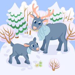 Fototapeta premium Card with adult and young reindeer in natural background / Domestic animals in cartoon style 