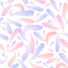 Pattern with blue, lilac and pink feathers, trimmed at the edges