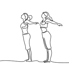 Continuous line drawing. Two women doing exercise in yoga pose. Vector Illustration