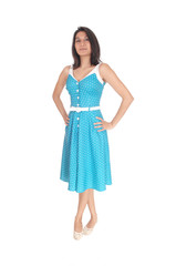 Beautiful Hispanic woman standing in blue dress.