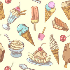 Ice Cream Hand Drawn Seamless Background with Cold Desserts, Fruits and Chocolate, Cones and Waffles