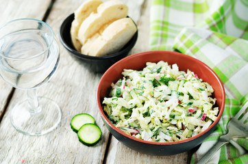 Cabbage radish cucumber dill salad with greek yogurt dressing