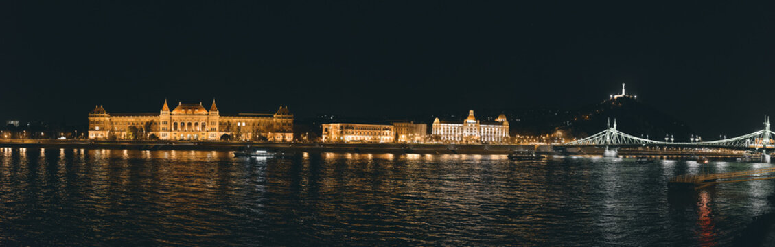 View of Gellert Berg and liberty statue in Budapest at night