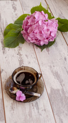 Black cup of coffee with Pink Hidrangea