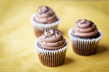 Chocolate Cupcakes on Yellow Cloth