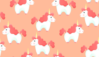 Fototapeta premium Seamless pattern of unicorns on a pink background. A white unicorn with pink hair and a tail. Cartoon style, vector illustration.
