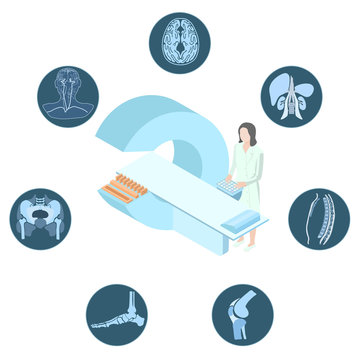 Poster with the medical concept of magnetic resonance imaging examination. Doctor stand near the MRI imager. Around there are images of the human body.