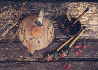 Beautiful dishes on a wooden background