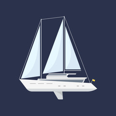 Sailing yacht isolated on a dark background. Side view. Flat style.