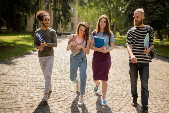 Multiethnic Students Walking On Campus On Sunny Day. Young People Talking, Laughing While Walking In University Park.