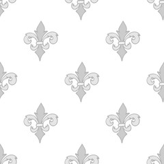 Gray seamless pattern with gray hand drawn doodle royal floral ornament on white. French fleur-de-lis  element. Flourish damask infinity background. Vector illustration.