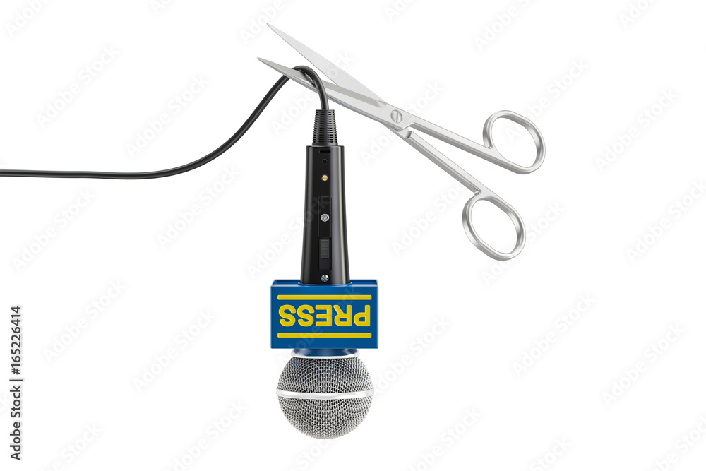 Poster freedom of speech and of the press prohibition concept. microphone with scissors, 3d rendering