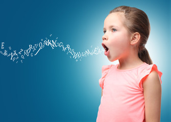 Little girl and letters on color background. Speech therapy concept