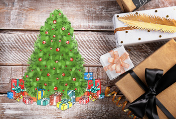 Christmas gift boxes on wooden background