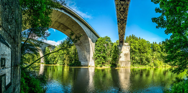 Three huge bridges across the Iller River in Kempten, Germany.