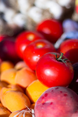 Nahaufnahme von frischen  Tomaten, Nektarinen, Plaumen und Knoblauch, Seitenansicht, Selektiv Fokus