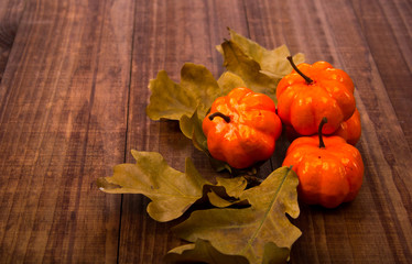 A Close Up of Several Small Pumpkins Lined up in a Row on Rustic Old Wooden Boards against Medium Brown Background with Copy Space