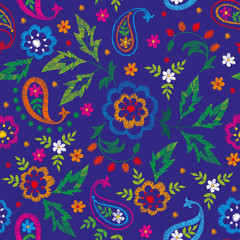 Fototapeta na wymiar Vector seamless decorative floral embroidery pattern, ornament for textile decor. Bohemian handmade style background design.