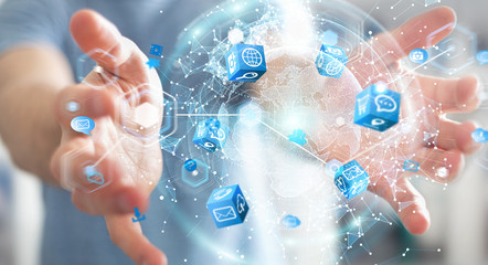 Flying earth network interface activated by businessman 3D rendering