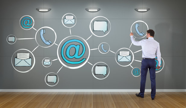 Businessman drawing contact and internet sketch on a wall 3D rendering