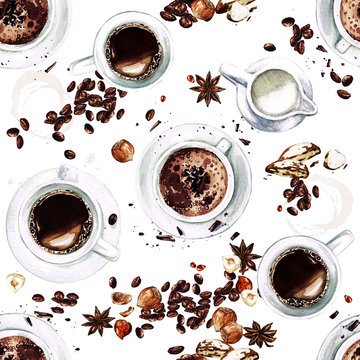 Coffee Cups. View from above. Watercolor seamless pattern.