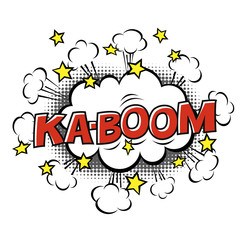 Obraz premium Ka-Boom! phrase in speech bubble. Comic text. Vector bubble icon speech phrase. Comics book balloon. Halftone background.