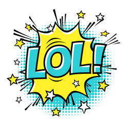 LOL! phrase in speech bubble. Comic text. Vector bubble icon speech phrase. Comics book balloon. Halftone background.