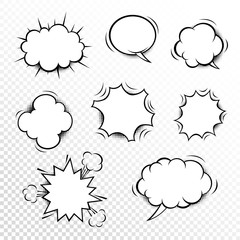 Comic speech bubbles set with different shapes and elements. Vector cartoon illustrations isolated on white background. Halftones, stars and other elements in separated layers. Black anbd white.