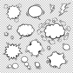 Naklejka premium Comic speech bubbles set with different shapes and elements. Vector cartoon illustrations isolated on white background. Halftones, stars and other elements in separated layers. Black anbd white.