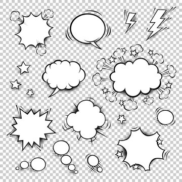 Comic speech bubbles set with different shapes and elements. Vector cartoon illustrations isolated on white background. Halftones, stars and other elements in separated layers. Black anbd white.