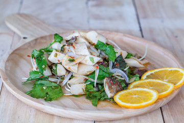 Yum mushroom and Sunflower seedlings Put in a wooden dish