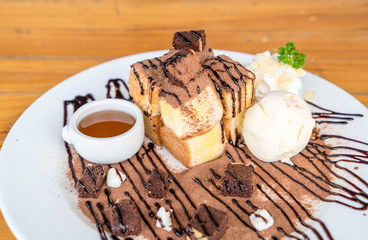 bread toasted with vanilla ice-cream and chocolate brownies