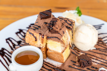 bread toasted with vanilla ice-cream and chocolate brownies