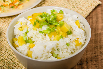 Pineapple onion rice bowl with chicken salad