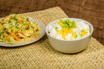 Pineapple onion rice bowl with chicken salad
