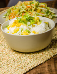 Pineapple onion rice bowl with chicken salad