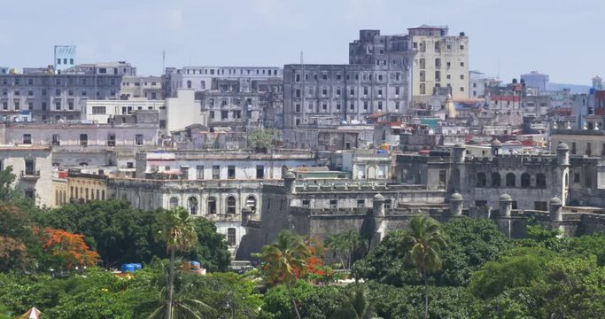 A high angle daytime establishing shot of old buildings near the Havana Port Bay in Cuba.  	
