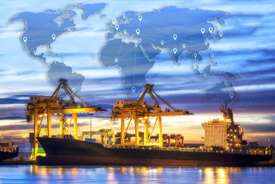 Logistics and transportation of container Cargo port with working logistic import and export industry and world map data link connection background