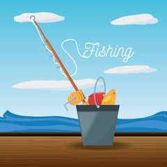 bucket with fish and rod