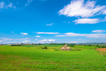 Fototapeta na wymiar Rural landscape where the farmhouse of Anseong Farmland is seen in summer green.