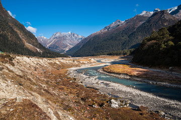 Fototapeta na wymiar River from ice melt on mountain Landscape view at Lachung, clear weather day time