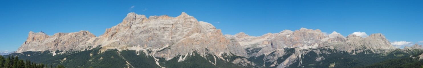 Fototapeta na wymiar Fantastic landscape on the Dolomites. View on Sas Crusc, Lavarela, Conturines and Pizes de Fanis peaks. Alta Badia, Sud Tirol, Italy