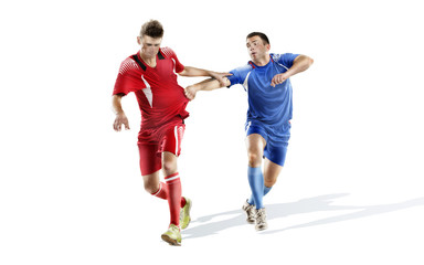 Soccer action isolated on white. two mature players fighting without ball