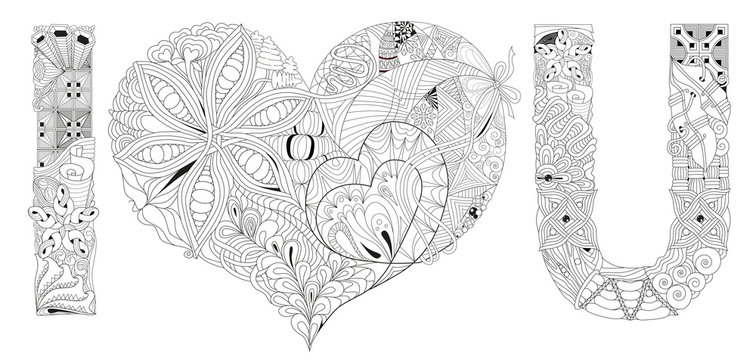 Word I LOVE YOU for coloring. Vector decorative zentangle object