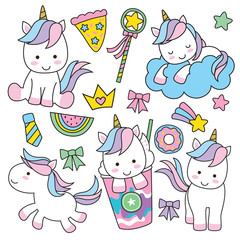 Cute baby unicorn vector illustration in pastel rainbow colors.

