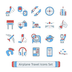 Set of isolated thin lined outlined icons for airplane travel.
