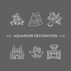 Thin line vector icons - aquarium decoration tools