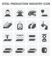 Steel production industry, manufacturing and metallurgy vector icon consist of worker, mining, factory plant and machine i.e. production line, furnace, foundry. Include process to casting product.
